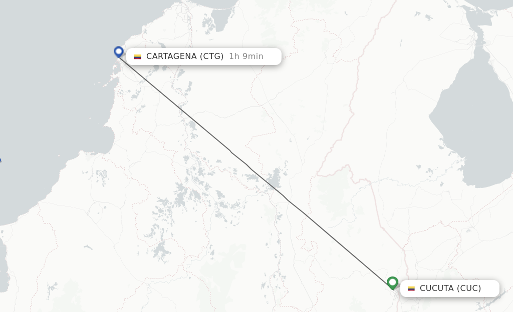 Flights from Cucuta to Cartagena route map