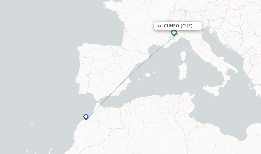 Route map with flights from Cuneo with Air Arabia Maroc