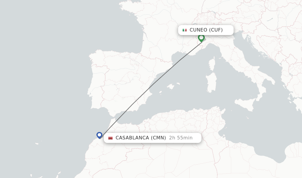 Flights from Cuneo to Casablanca route map