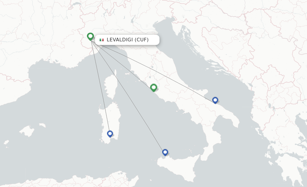 Route map with flights from Cuneo with Ryanair