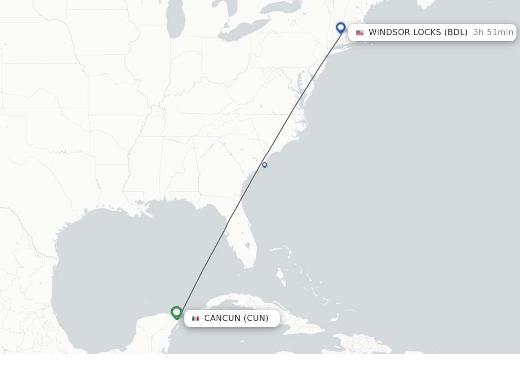 Flights from Cancun to Hartford route map