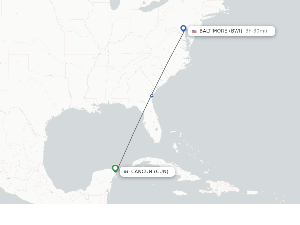 Flights from Cancun to Baltimore route map