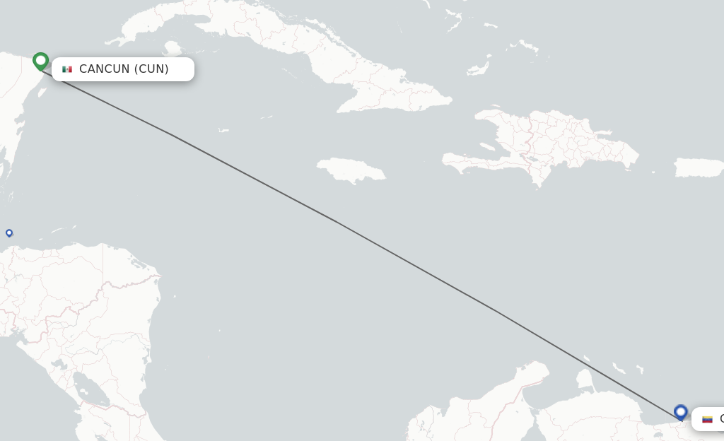Flights from Cancun to Caracas route map