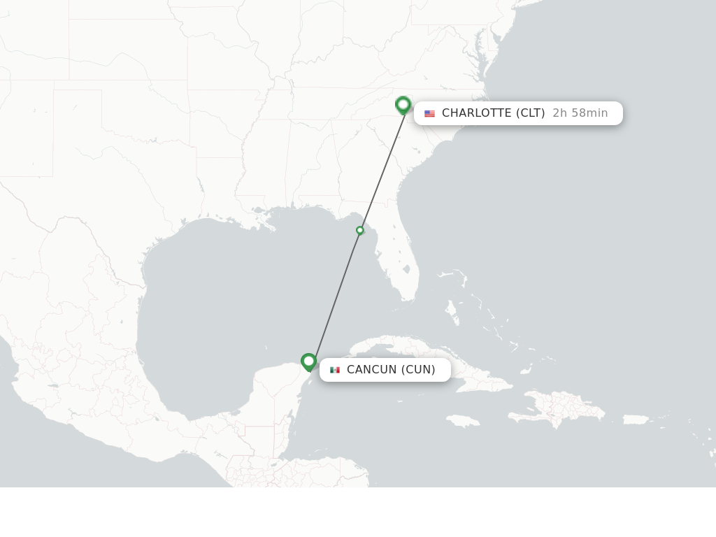 Flights from Cancun to Charlotte route map