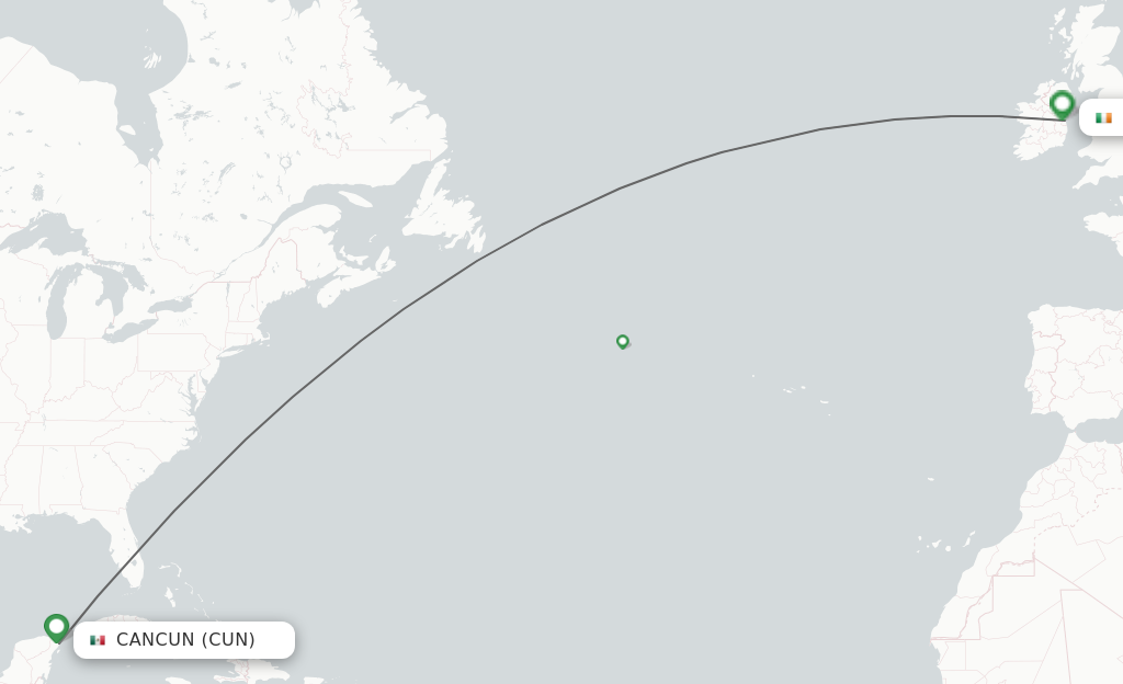 Flights from Cancun to Dublin route map