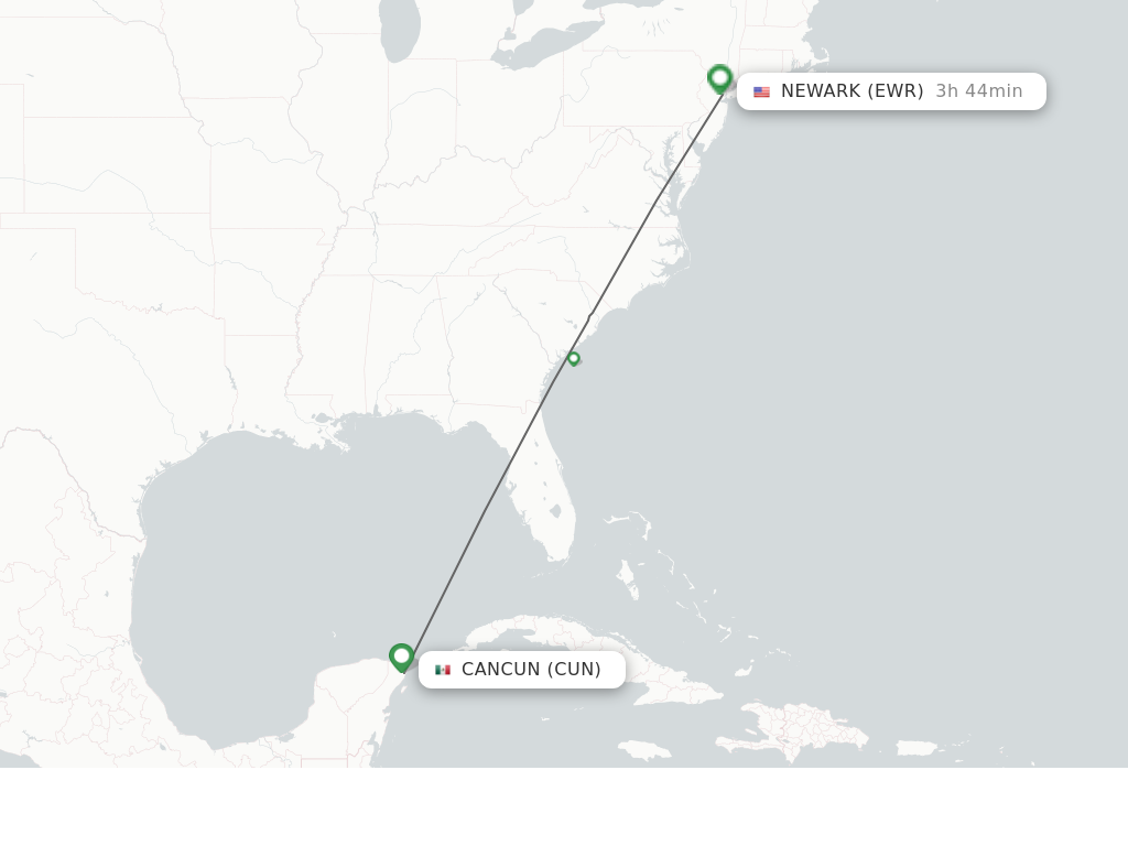 Flights from Cancun to New York route map