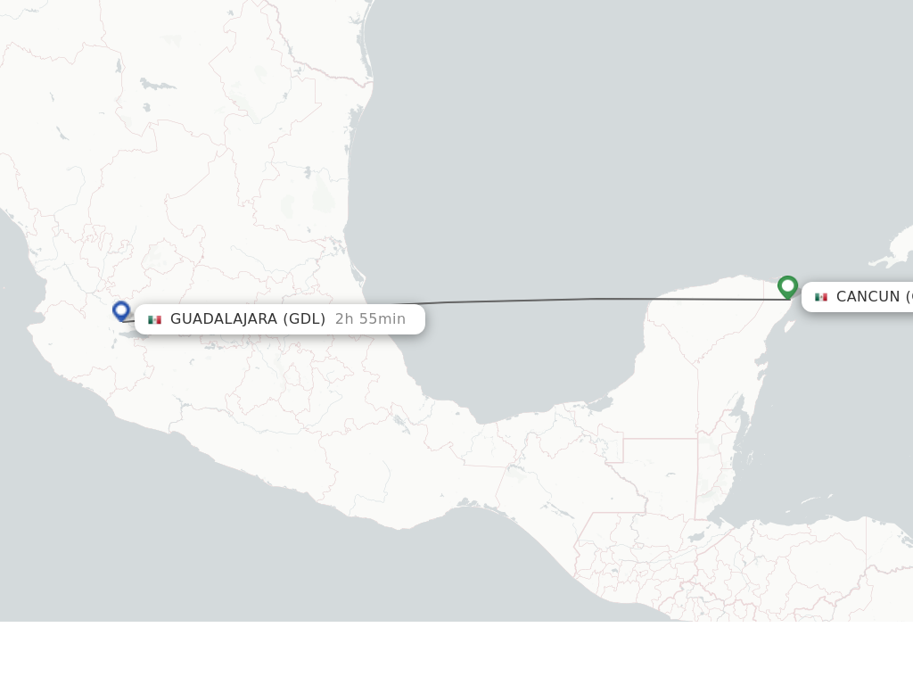 Flights from Cancun to Guadalajara route map