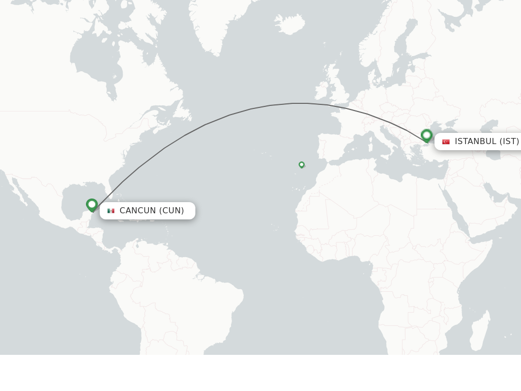 Flights from Cancun to Istanbul route map