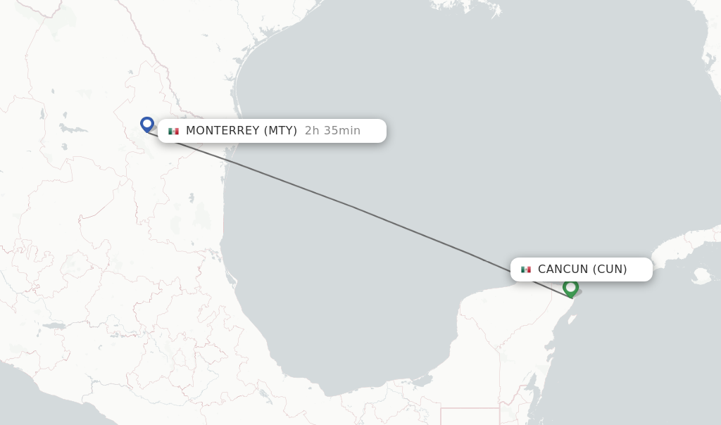 Flights from Cancun to Monterrey route map