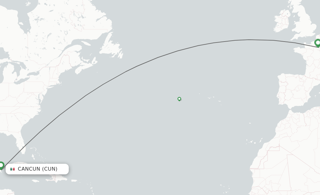 Flights from Cancun to Paris route map