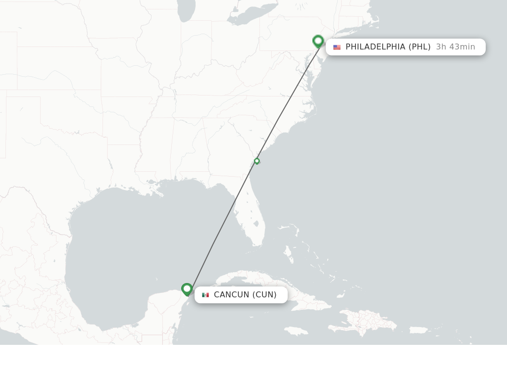 Flights from Cancun to Philadelphia route map