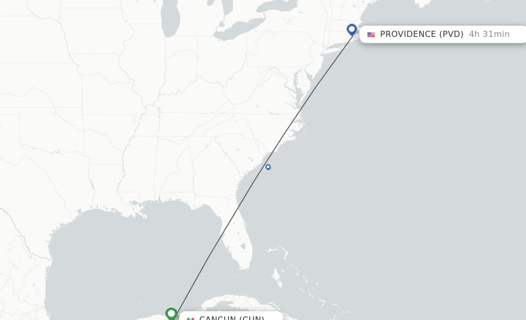 Flights from Cancun to Providence route map