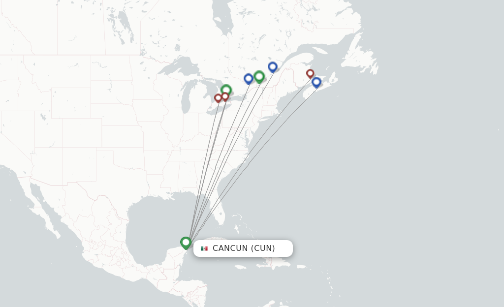 Route map with flights from Cancun with Air Transat