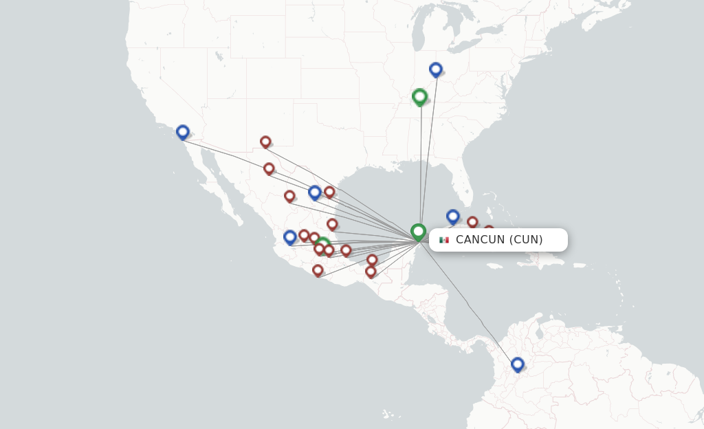 Route map with flights from Cancun with VivaAerobus
