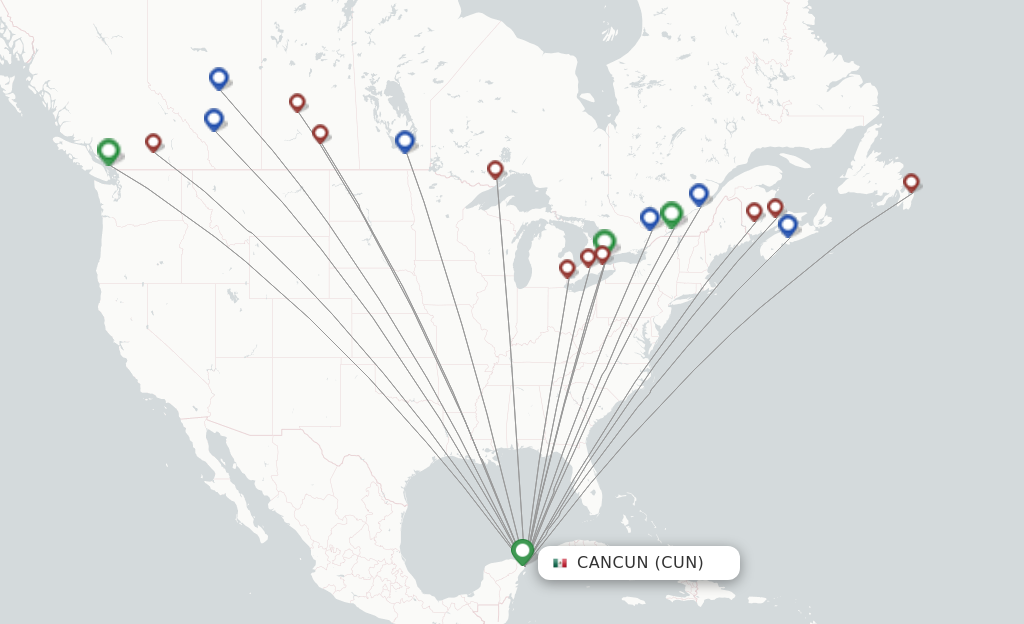 Route map with flights from Cancun with Sunwing Airlines