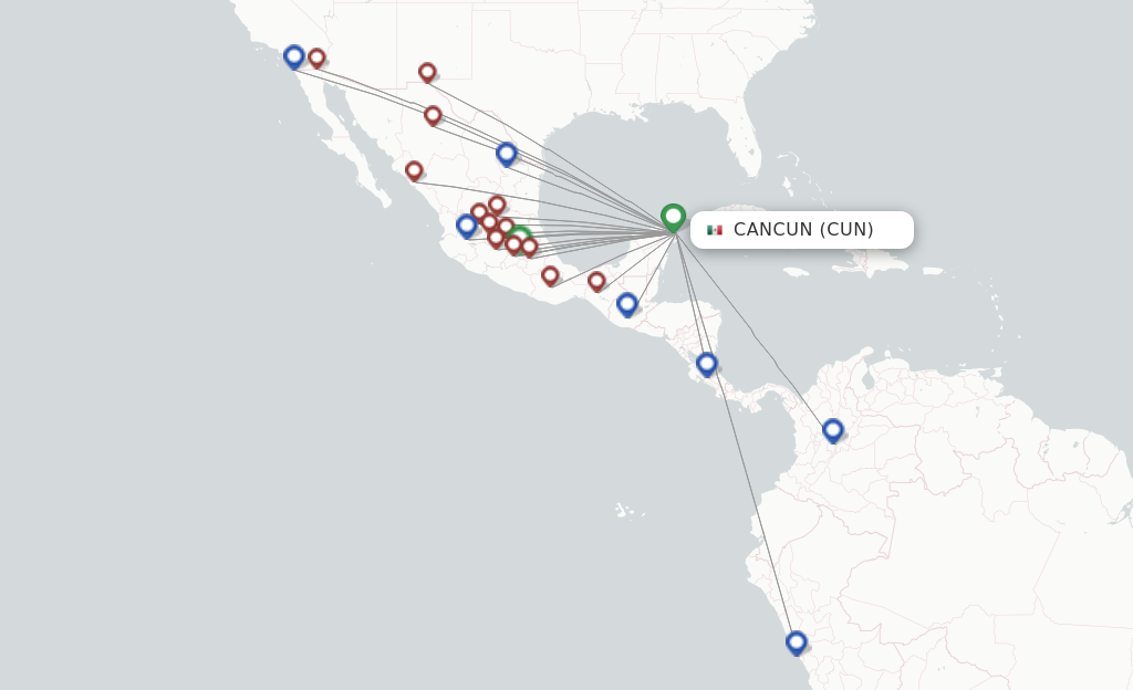 Route map with flights from Cancun with Volaris