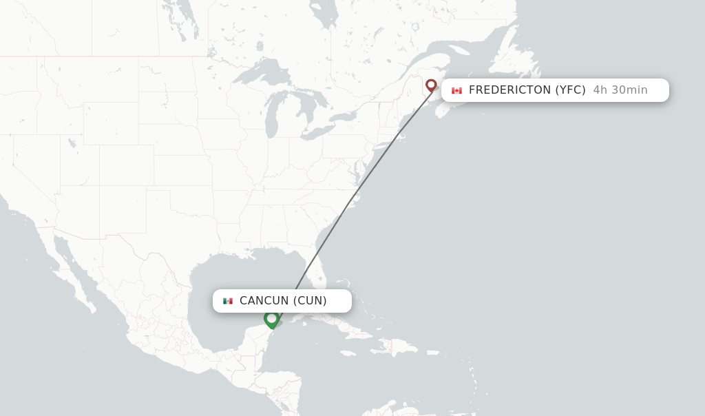 Flights from Cancun to Fredericton route map