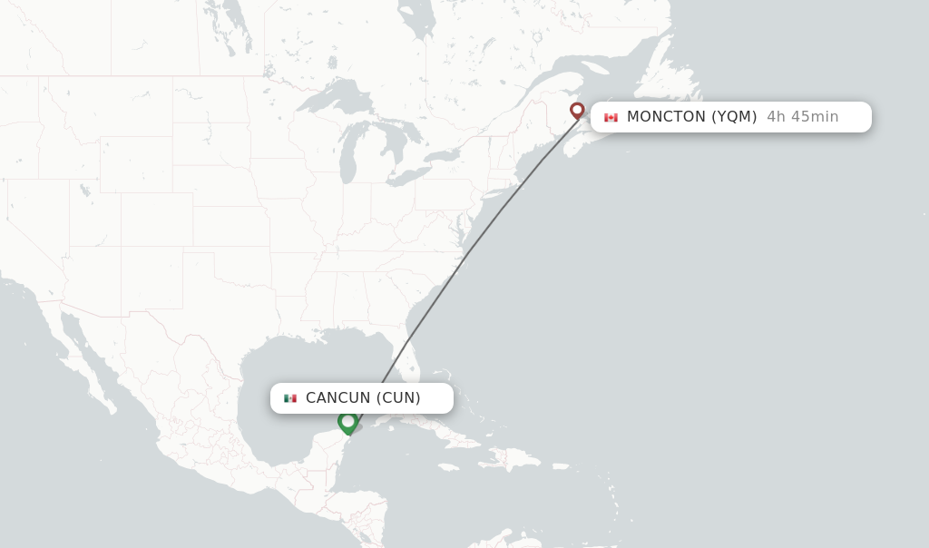 Flights from Cancun to Moncton route map