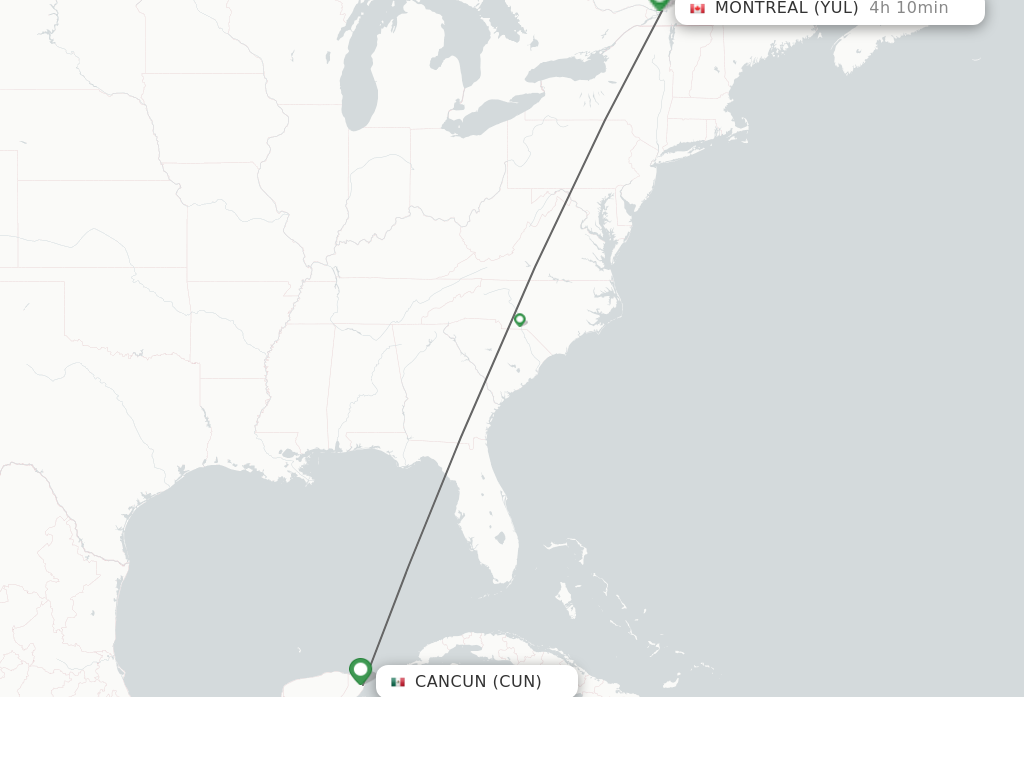 Flights from Cancun to Montreal route map