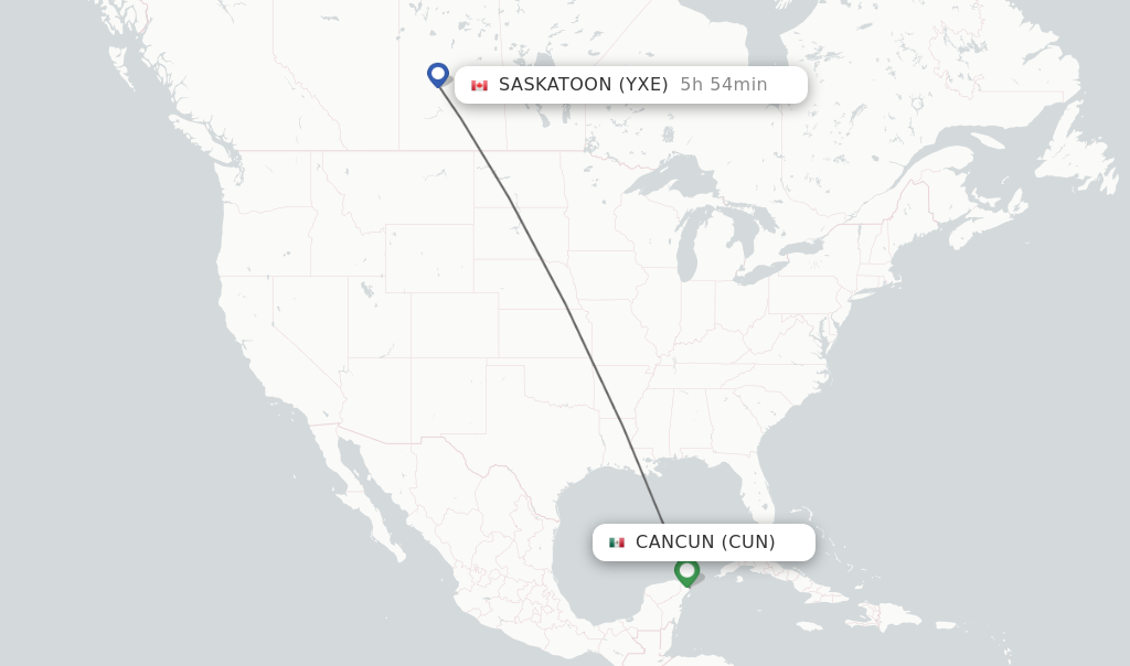 Flights from Cancun to Saskatoon route map