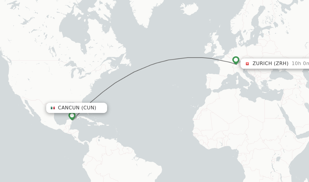 Flights from Cancun to Zurich route map