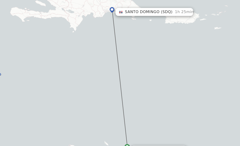 Flights from Curacao to Santo Domingo route map