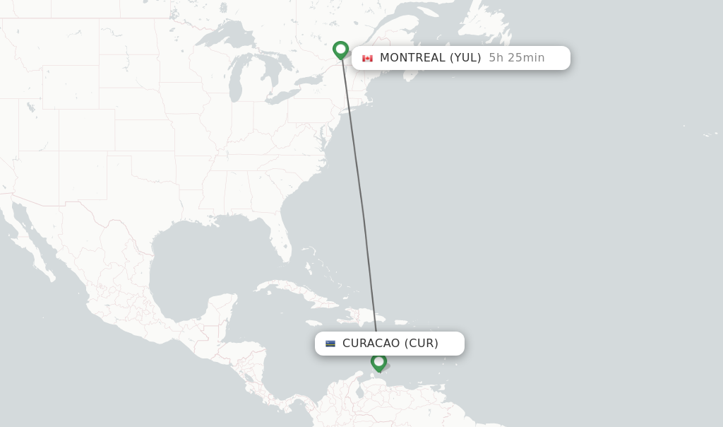 Flights from Curacao to Montreal route map