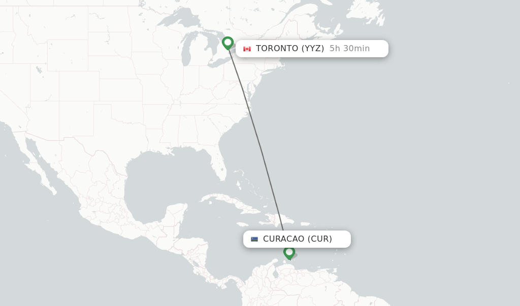Flights from Curacao to Toronto route map