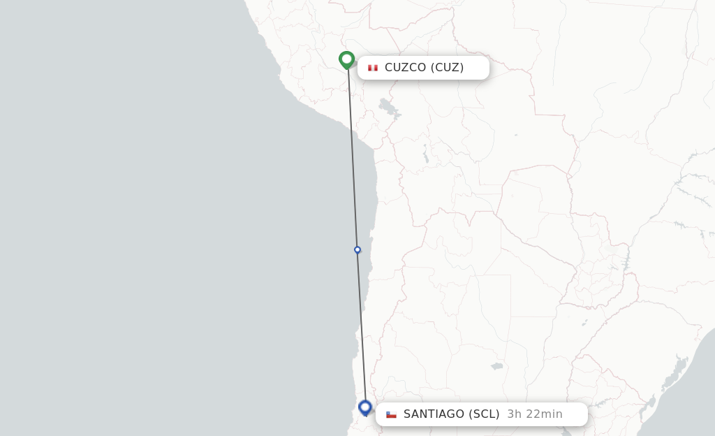 Flights from Cuzco to Santiago route map