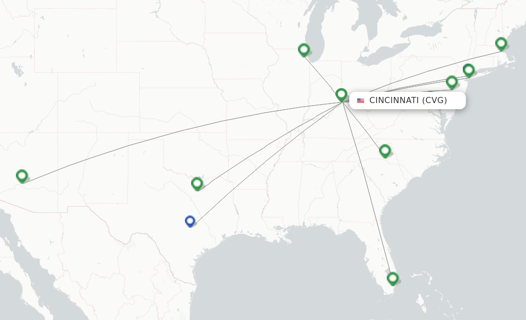 Route map with flights from Cincinnati with American Airlines