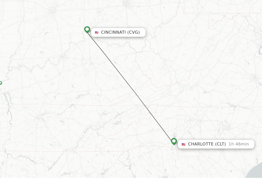 Flights from Cincinnati to Charlotte route map