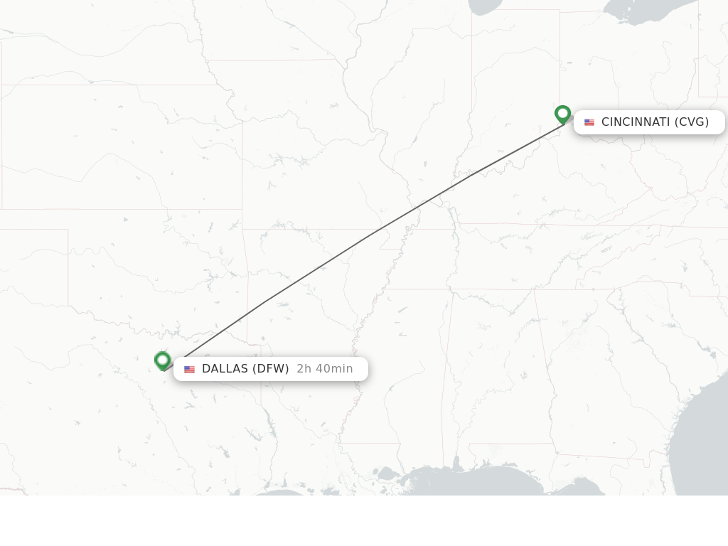 Flights from Cincinnati to Dallas route map