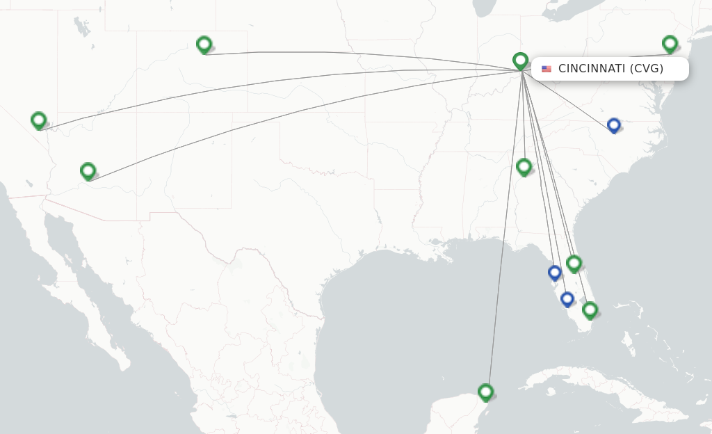 Route map with flights from Cincinnati with Frontier Airlines