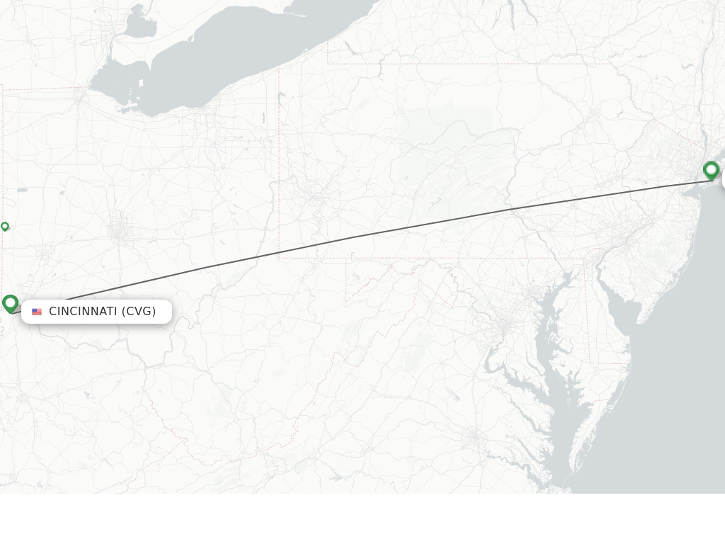 Flights from Cincinnati to New York route map