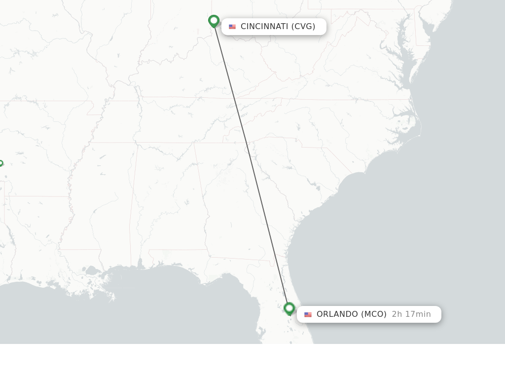 Flights from Cincinnati to Orlando route map