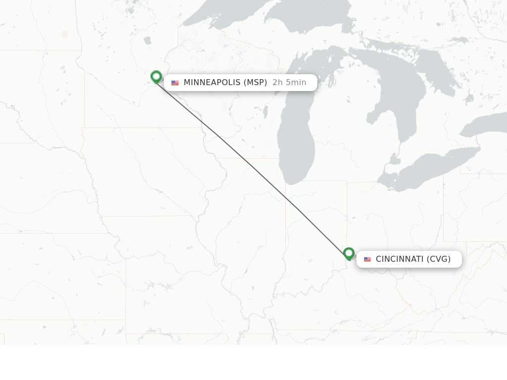 Flights from Cincinnati to Minneapolis route map