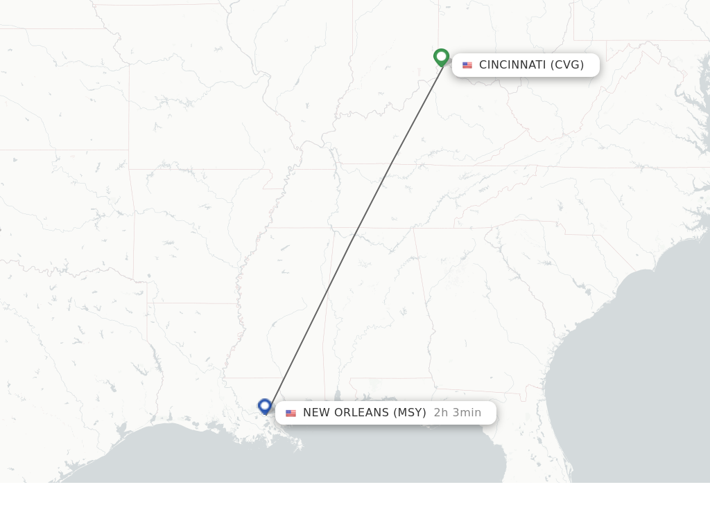 Flights from Cincinnati to New Orleans route map