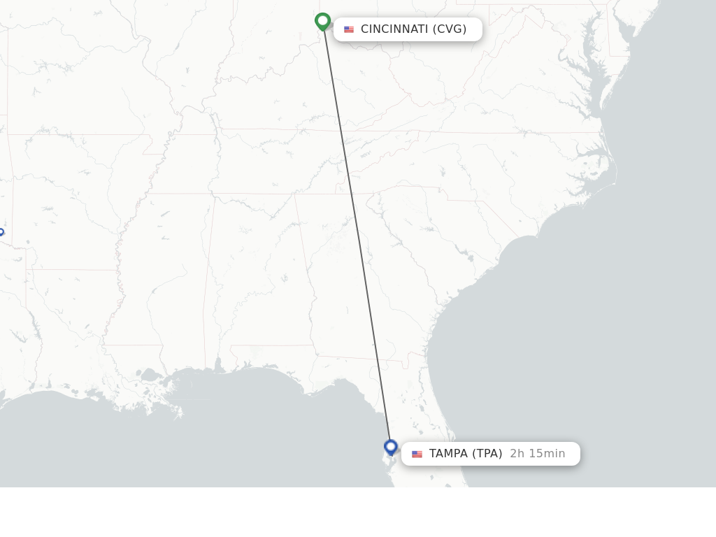 Flights from Cincinnati to Tampa route map