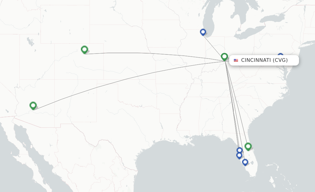 Route map with flights from Cincinnati with Southwest
