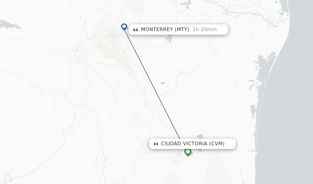 Flights from Ciudad Victoria to Monterrey route map