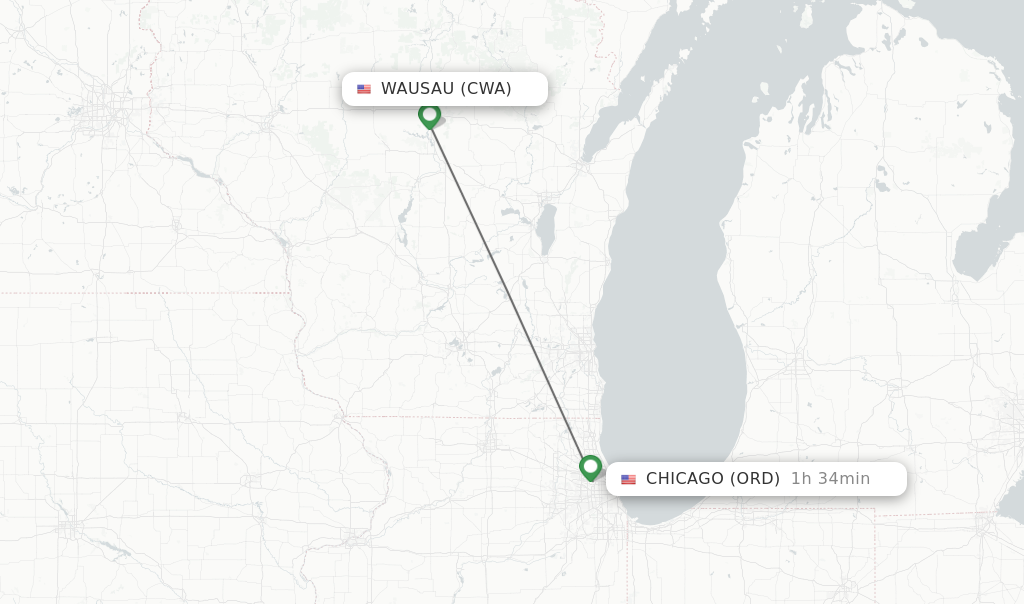 Flights from Wausau to Chicago route map