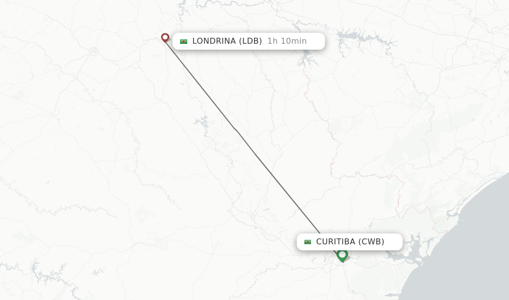 Flights from Curitiba to Londrina route map