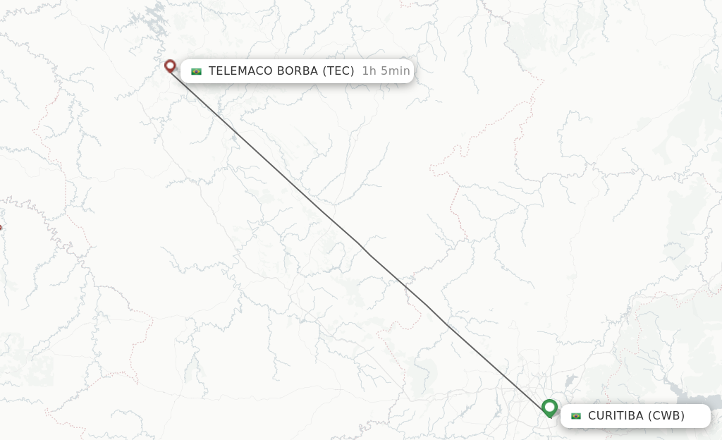 Flights from Telemaco Borba to Curitiba route map