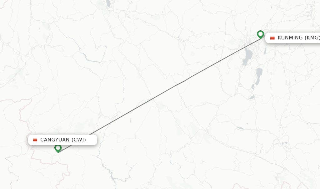 Flights from Cangyuan to Kunming route map