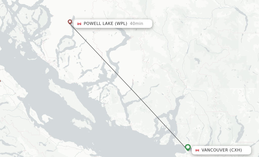 Flights from Vancouver to Powell Lake route map