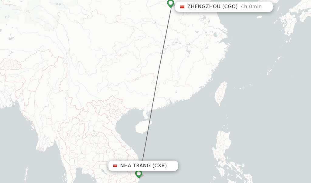 Flights from Nha Trang to Zhengzhou route map