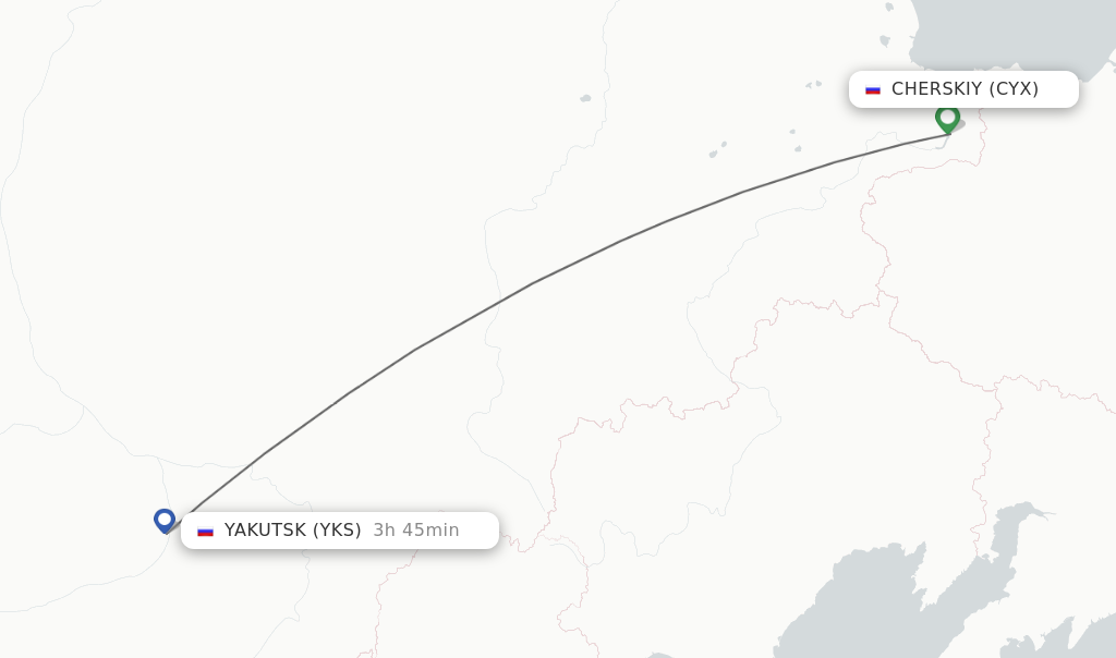 Flights from Cherskiy to Yakutsk route map