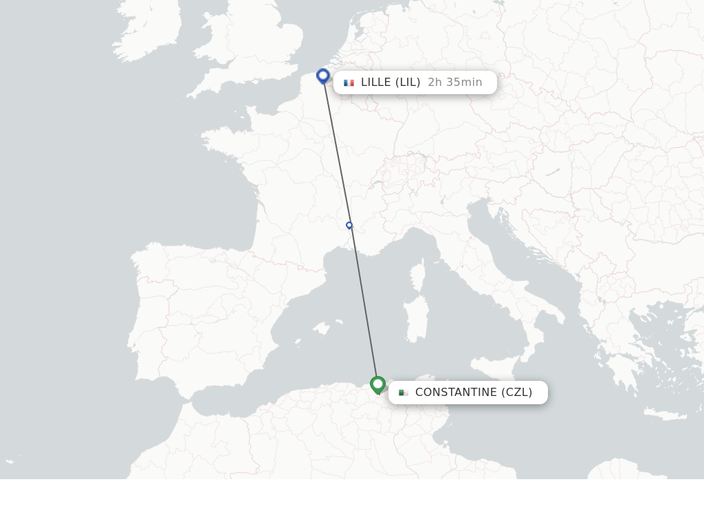 Flights from Constantine to Lille route map