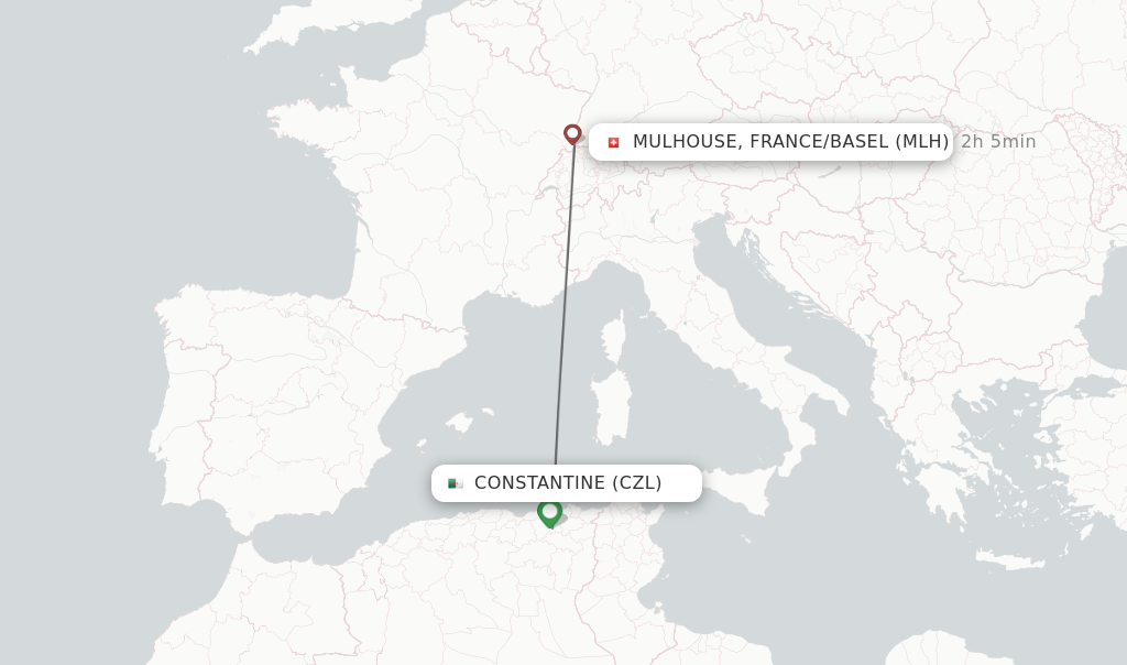 Flights from Constantine to Mulhouse, France/Basel route map