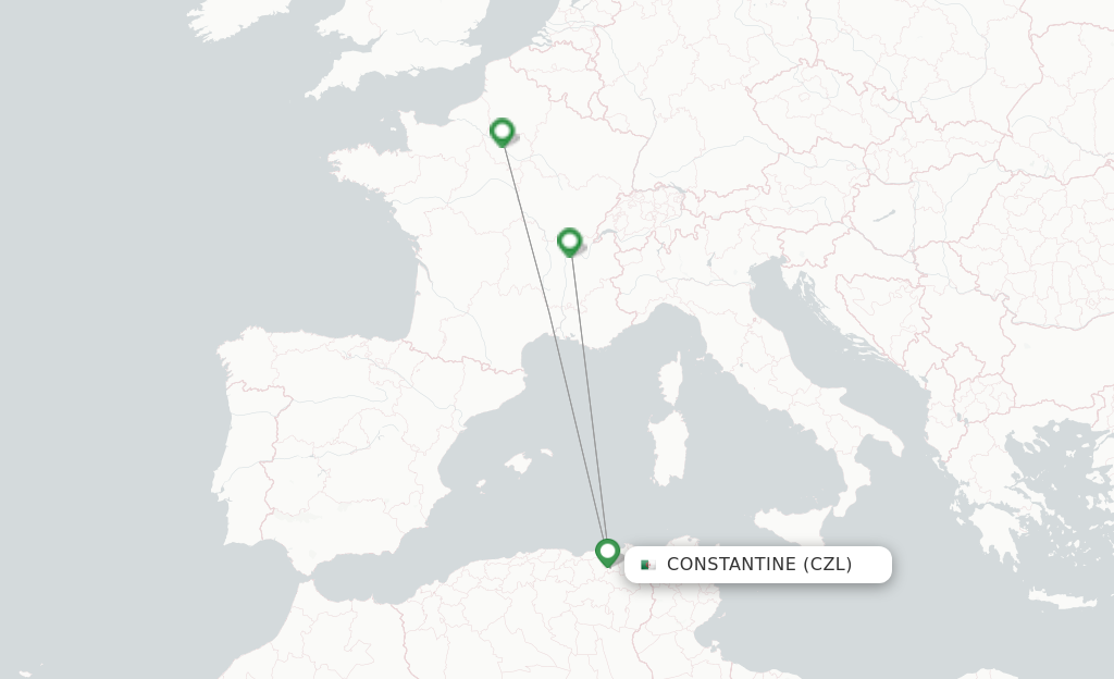 Route map with flights from Constantine with Transavia France